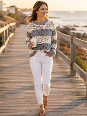 Beachy Open Weave Knit Sweater Gray White Stripe Lightweight Pullover